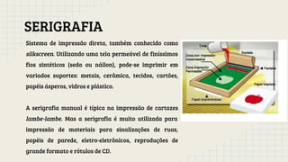 SERIGRAFIA
Sistema de impressão direta, também conhecido como
silkscreen. Utilizando uma tela permeável de finíssimos
fios sintéticos (seda ou náilon), pode-se imprimir em
variados suportes: metais, cerâmica, tecidos, cartões,
papéis ásperos, vidros e plástico.
A serigrafia manual é típica na impressão de cartazes
lambe-lambe. Mas a serigrafia é muito utilizada para
impressão de materiais para sinalizações de ruas,
papéis de parede, eletro-eletrônicos, reproduções de
grande formato e rótulos de CD.
 