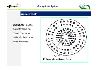 Produção
Produção de
de Açúcar
Açúcar
ESPELHO : É uma
circunferência de
chapa com furos
onde são fixados os
tubos de cobre.
Tubos de cobre / inox
Aquecimento
 