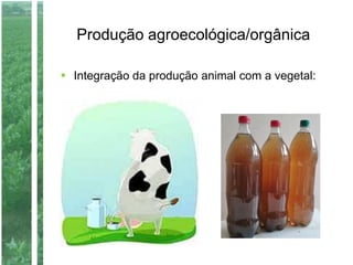 Produção agroecológica/orgânica
 Integração da produção animal com a vegetal:
 