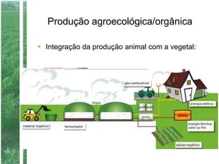 Produção agroecológica/orgânica
 Integração da produção animal com a vegetal:
 