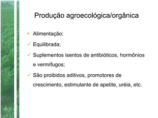 Produção agroecológica/orgânica
 Alimentação:
 Equilibrada;
 Suplementos isentos de antibióticos, hormônios
e vermífugos;
 São proibidos aditivos, promotores de
crescimento, estimulante de apetite, uréia, etc.
 