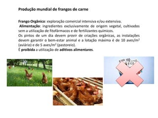 Produção mundial de frangos de carne
Frango Orgânico: exploração comercial intensiva e/ou extensiva.
Alimentação: ingredientes exclusivamente de origem vegetal, cultivados
sem a utilização de fitofármacos e de fertilizantes químicos.
Os pintos de um dia devem provir de criações orgânicas, as instalações
devem garantir o bem-estar animal e a lotação máxima é de 10 aves/m2
(aviário) e de 5 aves/m2 (pastoreio).
É proibida a utilização de aditivos alimentares.
 