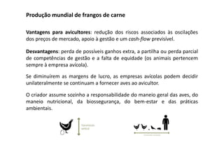 Produção mundial de frangos de carne
Vantagens para avicultores: redução dos riscos associados às oscilações
dos preços de mercado, apoio à gestão e um cash-flow previsível.
Desvantagens: perda de possíveis ganhos extra, a partilha ou perda parcial
de competências de gestão e a falta de equidade (os animais pertencem
sempre à empresa avícola).
Se diminuírem as margens de lucro, as empresas avícolas podem decidir
unilateralmente se continuam a fornecer aves ao avicultor.
O criador assume sozinho a responsabilidade do maneio geral das aves, do
maneio nutricional, da biossegurança, do bem-estar e das práticas
ambientais.
 