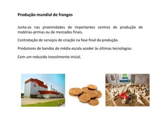 Produção mundial de frangos
Junta-as nas proximidades de importantes centros de produção de
matérias-primas ou de mercados finais.
Contratação de serviços de criação na fase final da produção.
Produtores de bandos de média escala aceder às últimas tecnologias.
Com um reduzido investimento inicial.
 