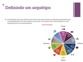 +

Definindo um arquétipo
n 

O arquétipo da marca define como ela irá se portar frente as diferentes situações que
será apresentada. Ou seja, define como será a voz dentro dos canais digitais e suas
reações frente aos consumidores.

 