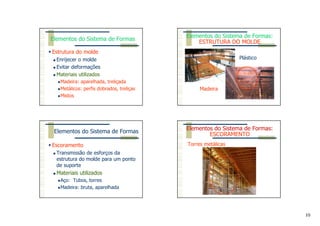 10
Estrutura do molde
Enrijecer o molde
Evitar deformações
Materiais utilizados
Madeira: aparelhada, treliçada
Metálicos: perfis dobrados, treliças
Mistos
Elementos do Sistema de Formas
Elementos do Sistema de Formas:
ESTRUTURA DO MOLDE
Plástico
Madeira
Escoramento
Transmissão de esforços da
estrutura do molde para um ponto
de suporte
Materiais utilizados
Aço: Tubos, torres
Madeira: bruta, aparelhada
Elementos do Sistema de Formas
Torres metálicas
Elementos do Sistema de Formas:
ESCORAMENTO
 