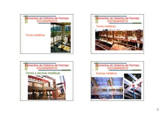 11
Torres metálicas
Elementos do Sistema de Formas:
ESCORAMENTO
Torres metálicas
Elementos do Sistema de Formas:
ESCORAMENTO
Torres e escoras metálicas
Elementos do Sistema de Formas:
ESCORAMENTO
Escoras metálicos
Elementos do Sistema de Formas:
ESCORAMENTO
 