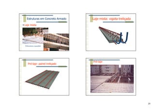 19
Laje mista
Poliestireno expandido
Estruturas em Concreto Armado Laje mista: vigota treliçada
Pré-laje: painel treliçado
Pré-laje
 