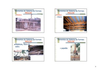 9
Metálico
Elementos do Sistema de Formas:
MOLDE
Metálico
Plástico
Elementos do Sistema de Formas:
MOLDE
Plásticos, fibra de
vidro
Elementos do Sistema de Formas:
MOLDE
papelão
Elementos do Sistema de Formas:
MOLDE
 