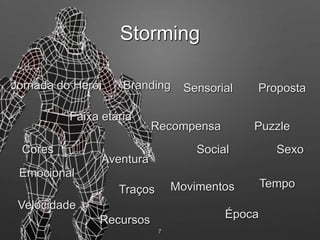 7
Sensorial
Emocional
Recompensa
Faixa etária
SexoSocial
Aventura
Movimentos
Velocidade
Cores
Traços
Tempo
Época
Jornada do Herói
Puzzle
Branding
Recursos
Proposta
Storming
 