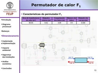 Permutador de calor F1

                     Características do permutador F1

Introdução

 Diagrama
  processual

Balanços

Dimensionamento

 Implantação
e Implementação

 Impacte
  ambiental

 Segurança
  das instalações

 Análise
  económica

 Conclusões
                                                         13
 