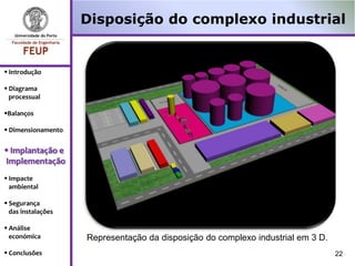 Disposição do complexo industrial


 Introdução

 Diagrama
  processual

Balanços

 Dimensionamento


 Implantação e
Implementação
 Impacte
  ambiental

 Segurança
  das instalações

 Análise
  económica         Representação da disposição do complexo industrial em 3 D.
 Conclusões                                                                     22
 