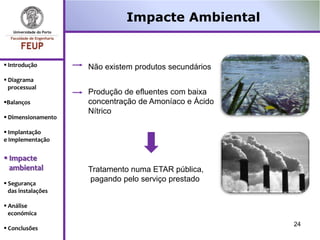 Impacte Ambiental


 Introdução        Não existem produtos secundários
 Diagrama
  processual
                    Produção de efluentes com baixa
Balanços           concentração de Amoníaco e Ácido
                    Nítrico
 Dimensionamento

 Implantação
e Implementação


 Impacte
  ambiental         Tratamento numa ETAR pública,
 Segurança
                    pagando pelo serviço prestado
  das instalações

 Análise
  económica
                                                       24
 Conclusões
 