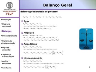 Balanço Geral
                    Balanço global material ao processo

                      m34 m30 m5       m6   m11 m32 m1 m17          m19 m49 m47    m50
Introdução
                     Água
 Diagrama            m34 x A34 m30 x A30 m5 x A5
  processual           m6 x A6     m11 x A11 m32 x A32 m1 x A1 m17 x A17
                       m19 x A19    m49 x A 49 m47 x A 47   m50 x A50
Balanços
                     Amoníaco
 Dimensionamento     m34 xB 34 m30 xB 30 m5 xB 5
                       m6 xB 6     m11 xB11 m32 xB 32 m1 xB1 m17 xB17
                       m19 xB19     m49 xB 49 m47 xB 47     m50 xB 50 (m38 X R )
 Implantação
e Implementação
                     Ácido Nítrico
                      m34 xC 34 m30 xC 30 m5 xC 5
 Impacte
                       m6 xC 6     m11 xC11 m32 xC 32 m1 xC1 m17 xC17
  ambiental
                                                                         m38
                       m19 xC19     m49 xC 49 m47 xC 47     m50 xC 50          X R MC
 Segurança                                                              MB
  das instalações
                     Nitrato de Amónio
 Análise             m34 xD 34    m30 xD 30 m5 xD 5
  económica            m6 xD 6     m11 xD11 m32 xD 32 m1 xD1 m17 xD17          m19 xD19
                                                              m38
                       m49 xD 49 m47 xD 47      m50 xD 50            XR MD                7
 Conclusões                                                  MB
 