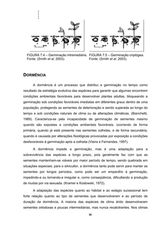 .....
95
FIGURA 7.4 – Germinação intremediária.
Fonte: (Smith et al. 2003).
FIGURA 7.5 – Germinação criptógea.
Fonte: (Smith et al. 2003).
DORMÊNCIA
A dormência é um processo que distribui a germinação no tempo como
resultado da estratégia evolutiva das espécies para garantir que algumas encontrem
condições ambientais favoráveis para desenvolver plantas adultas, bloqueando a
germinação sob condições favoráveis imediatas em diferentes graus dentro de uma
população, protegendo as sementes da deterioração e sendo superada ao longo do
tempo e sob condições naturais de clima ou de alterações climáticas. (Bianchetti,
1989). Caracteriza-se pela incapacidade de germinação de sementes mesmo
quando são expostas a condições ambientais favoráveis, ocorrendo de forma
primária, quando já está presente nas sementes colhidas, e de forma secundária,
quando é causada por alterações fisiológicas provocadas por exposição a condições
desfavoráveis à germinação após a colheita (Vieira e Fernandes, 1997).
A dormência impede a germinação, mas é uma adaptação para a
sobrevivência das espécies a longo prazo, pois geralmente faz com que as
sementes mantenham-se viáveis por maior período de tempo, sendo quebrada em
situações especiais; para o silvicultor, a dormência tanto pode servir para manter as
sementes por longos períodos, como pode ser um empecilho à germinação,
impedindo-a ou tornando-a irregular e, como conseqüência, dificultando a produção
de mudas por via sexuada. (Kramer e Koslowski, 1972).
A adaptação das espécies quanto ao hábitat e ao estágio sucessional tem
forte relação quanto ao tipo de sementes que desenvolveram e ao período de
duração da dormência. A maioria das espécies de clima árido desenvolveram
sementes ortodoxas e poucas intermediárias, mas nunca recalcitrantes. Nos climas
 