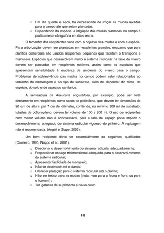 110
Em dia quente e seco, há necessidade de irrigar as mudas levadas
para o campo até que sejam plantadas;
Dependendo da espécie, a irrigação das mudas plantadas no campo é
praticamente obrigatória em dias secos.
O tamanho dos recipitentes varia com o objetivo das mudas e com a espécie.
Para arborização devem ser plantadas em recipientes grandes, enquanto que para
plantios comerciais são usados recipientes pequenos que facilitam o transporte e
manuseio. Espécies que desenvolvem muito o sistema radicular na fase de viveiro
devem ser plantadas em recipientes maiores, assim como as espécies que
apresentam sensibilidade à mudança de ambiente do viveiro para o campo.
Problemas de sobrevivência das mudas no campo podem estar relacionados ao
tamanho da embalagem e ao tipo de substrato, além de depender do clima, da
espécie, do solo e de aspectos sanitários.
A semeadura da Araucaria angustifolia, por exemplo, pode ser feita
diretamente em recipientes como sacos de polietileno, que devem ter dimensões de
20 cm de altura por 7 cm de diâmetro, contendo, no mínimo 300 ml de substrato;
tubetes de polipropileno, devem ter volume de 100 a 200 ml. O uso de recipientes
com menor volume não é aconselhável, pois a falta de espaço pode impedir o
desenvolvimento adequado do sistema radicular vigoroso do pinheiro. A repicagem
não é recomendada. (Angeli e Stape, 2003).
Um bom recipiente deve ter essencialmente as seguintes qualidades
(Carneiro, 1995; Nappo et al., 2001):
Direcionar o desenvolvimento do sistema radicular adequadamente;
Proporcionar espaço tridimensional adequado para o desenvol-vimento
do sistema radicular;
Apresentar facilidade de manuseio;
Não se decompor até o plantio;
Oferecer proteção para o sistema radicular até o plantio;
Não ser tóxico para as mudas (nota: nem para a fauna e flora, ou para
o homem) ;
Ter garantia de suprimento e baixo custo.
 