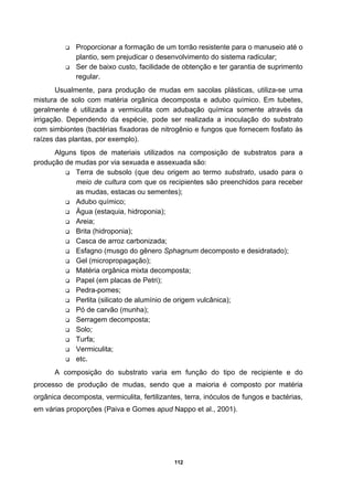 112
Proporcionar a formação de um torrão resistente para o manuseio até o
plantio, sem prejudicar o desenvolvimento do sistema radicular;
Ser de baixo custo, facilidade de obtenção e ter garantia de suprimento
regular.
Usualmente, para produção de mudas em sacolas plásticas, utiliza-se uma
mistura de solo com matéria orgânica decomposta e adubo químico. Em tubetes,
geralmente é utilizada a vermiculita com adubação química somente através da
irrigação. Dependendo da espécie, pode ser realizada a inoculação do substrato
com simbiontes (bactérias fixadoras de nitrogênio e fungos que fornecem fosfato às
raízes das plantas, por exemplo).
Alguns tipos de materiais utilizados na composição de substratos para a
produção de mudas por via sexuada e assexuada são:
Terra de subsolo (que deu origem ao termo substrato, usado para o
meio de cultura com que os recipientes são preenchidos para receber
as mudas, estacas ou sementes);
Adubo químico;
Água (estaquia, hidroponia);
Areia;
Brita (hidroponia);
Casca de arroz carbonizada;
Esfagno (musgo do gênero Sphagnum decomposto e desidratado);
Gel (micropropagação);
Matéria orgânica mixta decomposta;
Papel (em placas de Petri);
Pedra-pomes;
Perlita (silicato de alumínio de origem vulcânica);
Pó de carvão (munha);
Serragem decomposta;
Solo;
Turfa;
Vermiculita;
etc.
A composição do substrato varia em função do tipo de recipiente e do
processo de produção de mudas, sendo que a maioria é composto por matéria
orgânica decomposta, vermiculita, fertilizantes, terra, inóculos de fungos e bactérias,
em várias proporções (Paiva e Gomes apud Nappo et al., 2001).
 