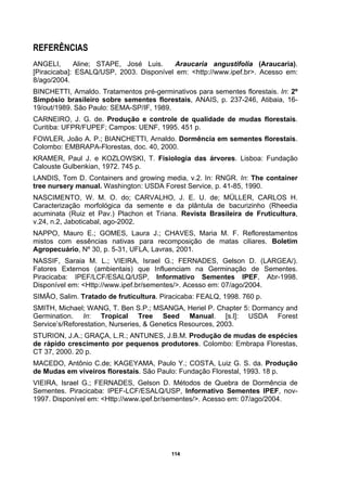 114
REFERÊNCIAS
ANGELI, Aline; STAPE, José Luis. Araucaria angustifolia (Araucaria).
[Piracicaba]: ESALQ/USP, 2003. Disponível em: <http://www.ipef.br>. Acesso em:
8/ago/2004.
BINCHETTI, Arnaldo. Tratamentos pré-germinativos para sementes florestais. In: 2º
Simpósio brasileiro sobre sementes florestais, ANAIS, p. 237-246, Atibaia, 16-
19/out/1989. São Paulo: SEMA-SP/IF, 1989.
CARNEIRO, J. G. de. Produção e controle de qualidade de mudas florestais.
Curitiba: UFPR/FUPEF; Campos: UENF, 1995. 451 p.
FOWLER, João A. P.; BIANCHETTI, Arnaldo. Dormência em sementes florestais.
Colombo: EMBRAPA-Florestas, doc. 40, 2000.
KRAMER, Paul J. e KOZLOWSKI, T. Fisiologia das árvores. Lisboa: Fundação
Calouste Gulbenkian, 1972. 745 p.
LANDIS, Tom D. Containers and growing media, v.2. In: RNGR. In: The container
tree nursery manual. Washington: USDA Forest Service, p. 41-85, 1990.
NASCIMENTO, W. M. O. do; CARVALHO, J. E. U. de; MÜLLER, CARLOS H.
Caracterização morfológica da semente e da plântula de bacurizinho (Rheedia
acuminata (Ruiz et Pav.) Plachon et Triana. Revista Brasileira de Fruticultura,
v.24, n.2, Jaboticabal, ago-2002.
NAPPO, Mauro E.; GOMES, Laura J.; CHAVES, Maria M. F. Reflorestamentos
mistos com essências nativas para recomposição de matas ciliares. Boletim
Agropecuário, Nº 30, p. 5-31, UFLA, Lavras, 2001.
NASSIF, Saraia M. L.; VIEIRA, Israel G.; FERNADES, Gelson D. (LARGEA/).
Fatores Externos (ambientais) que Influenciam na Germinação de Sementes.
Piracicaba: IPEF/LCF/ESALQ/USP, Informativo Sementes IPEF, Abr-1998.
Disponível em: <Http://www.ipef.br/sementes/>. Acesso em: 07/ago/2004.
SIMÃO, Salim. Tratado de fruticultura. Piracicaba: FEALQ, 1998. 760 p.
SMITH, Michael; WANG, T. Ben S.P.; MSANGA, Heriel P. Chapter 5: Dormancy and
Germination. In: Tropical Tree Seed Manual. [s.l]: USDA Forest
Service’s/Reforestation, Nurseries, & Genetics Resources, 2003.
STURION, J.A.; GRAÇA, L.R.; ANTUNES, J.B.M. Produção de mudas de espécies
de rápido crescimento por pequenos produtores. Colombo: Embrapa Florestas,
CT 37, 2000. 20 p.
MACEDO, Antônio C.de; KAGEYAMA, Paulo Y.; COSTA, Luiz G. S. da. Produção
de Mudas em viveiros florestais. São Paulo: Fundação Florestal, 1993. 18 p.
VIEIRA, Israel G.; FERNADES, Gelson D. Métodos de Quebra de Dormência de
Sementes. Piracicaba: IPEF-LCF/ESALQ/USP, Informativo Sementes IPEF, nov-
1997. Disponível em: <Http://www.ipef.br/sementes/>. Acesso em: 07/ago/2004.
 
