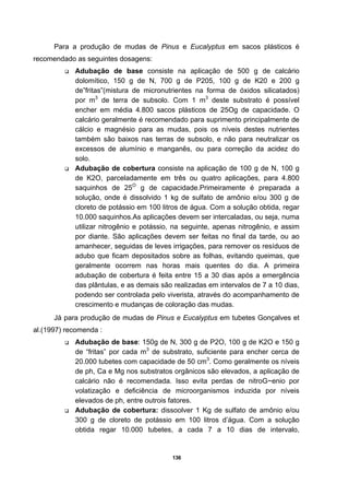 136
Para a produção de mudas de Pinus e Eucalyptus em sacos plásticos é
recomendado as seguintes dosagens:
Adubação de base consiste na aplicação de 500 g de calcário
dolomítico, 150 g de N, 700 g de P205, 100 g de K20 e 200 g
de”fritas”(mistura de micronutrientes na forma de óxidos silicatados)
por m3
de terra de subsolo. Com 1 m3
deste substrato é possível
encher em média 4.800 sacos plásticos de 25Og de capacidade. O
calcário geralmente é recomendado para suprimento principalmente de
cálcio e magnésio para as mudas, pois os níveis destes nutrientes
também são baixos nas terras de subsolo, e não para neutralizar os
excessos de alumínio e manganês, ou para correção da acidez do
solo.
Adubação de cobertura consiste na aplicação de 100 g de N, 100 g
de K2O, parceladamente em três ou quatro aplicações, para 4.800
saquinhos de 25O
g de capacidade.Primeiramente é preparada a
solução, onde é dissolvido 1 kg de sulfato de amônio e/ou 300 g de
cloreto de potássio em 100 litros de água. Com a solução obtida, regar
10.000 saquinhos.As aplicações devem ser intercaladas, ou seja, numa
utilizar nitrogênio e potássio, na seguinte, apenas nitrogênio, e assim
por diante. São aplicações devem ser feitas no final da tarde, ou ao
amanhecer, seguidas de leves irrigações, para remover os resíduos de
adubo que ficam depositados sobre as folhas, evitando queimas, que
geralmente ocorrem nas horas mais quentes do dia. A primeira
adubação de cobertura é feita entre 15 a 30 dias após a emergência
das plântulas, e as demais são realizadas em intervalos de 7 a 10 dias,
podendo ser controlada pelo viverista, através do acompanhamento de
crescimento e mudanças de coloração das mudas.
Já para produção de mudas de Pinus e Eucalyptus em tubetes Gonçalves et
al.(1997) recomenda :
Adubação de base: 150g de N, 300 g de P2O, 100 g de K2O e 150 g
de “fritas” por cada m3
de substrato, suficiente para encher cerca de
20.000 tubetes com capacidade de 50 cm3
. Como geralmente os níveis
de ph, Ca e Mg nos substratos orgânicos são elevados, a aplicação de
calcário não é recomendada. Isso evita perdas de nitroG~enio por
volatização e deficiência de microorganismos induzida por níveis
elevados de ph, entre outrois fatores.
Adubação de cobertura: dissoolver 1 Kg de sulfato de amônio e/ou
300 g de cloreto de potássio em 100 litros d’água. Com a solução
obtida regar 10.000 tubetes, a cada 7 a 10 dias de intervalo,
 