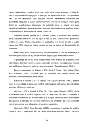 138
inertes, sobretudo as grandes, que tomam muito espaço sem nenhuma contribuição
para a capacidade de agregação e retenção de água e nutrientes, principalmente
para uso em recipientes com pequeno volume; prontamente disponível em
quantidade adequada e custos economicamente viáveis, “o principal critério para
definir as características adequadas do substrato deve se basear em suas
características físicas. As características químicas são relativamente fáceis de serem
corrigidas com as fertilizações de base e cobertura”.
Segundo Aldhous (1975) Apud Carneiro (1995), o substrato bem drenado
deve apresentar cerca de 10% de argila e 15% de silte, constituindo o percentual
restante de areia. Mudas produzidas em substratos com teores de silte e argila
menor que 10%, requerem maior cuidado no que se refere ao fornecimento de
nutrientes.
May (1984) Apud Carneiro (1995), também concordou com as percentagens
indicadas por Aldhous (1975), em se tratando de produção de mudas de Pinus.
A presença de um ou mais componentes numa mistura de substratos com
partículas de diâmetro menor ou igual ao diâmetro médio dos macroporos da mistura
leva ao bloqueio de grande parte da macroporosidade ( Gonçalves et al. ,2000 ).
Das recomendações de Aldhous (1975), South & Davey (1983) e May (1984)
Apud Carneiro (1995), conclui-se que, os substratos dos viveiros devam ser
arenosos, franco arenoso ou areia franca.
Schubert & Adams (1971) e Davey (1984)Apud Carneiro (1995), alertam
sobre a necessidade de adição de matéria orgânica para melhorar as características
químicas e físicas do substrato.
Aldhous (1975) e Cordell & Filer JR. (1984) Apud Carneiro (1995), ainda
acrescentam que a matéria orgânica tem a capacidade de reter a umidade e
nutrientes no substrato, da mesma forma que a argila. O húmus tem a propriedade
de expansão e retenção, em resposta à condições de umidade e de seca, auxiliando
na manutenção de uma adequada estrutura dos substratos.
Warkentin (1984) Apud Carneiro (1995), recomendou a adição de matéria
orgânica como o modo mais fácil de mudar estas características físicas, trazendo
 