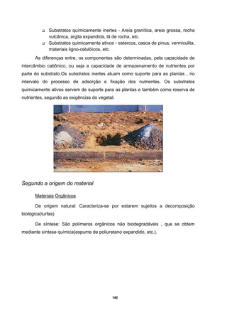 140
Substratos químicamente inertes - Areia granítica, areia grossa, rocha
vulcânica, argila expandida, lã de rocha, etc.
Substratos quimicamente ativos - estercos, casca de pinus, vermiculita,
materiais ligno-celulóicos, etc.
As diferenças entre, os componentes são determinadas, pela capacidade de
intercâmbio catiônico, ou seja a capacidade de armazenamento de nutrientes por
parte do substrato.Os substratos inertes atuam como suporte para as plantas , no
intervalo do processo de adsorção e fixação dos nutrientes. Os substratos
quimicamente ativos servem de suporte para as plantas e também como reserva de
nutrientes, segundo as exigências do vegetal.
Segundo a origem do material
Materiais Orgânicos
De origem natural: Caracteriza-se por estarem sujeitos a decomposição
biológica(turfas)
De síntese: São polímeros orgânicos não biodegradáveis , que se obtem
mediante síntese química(espuma de poliuretano expandido, etc.).
 