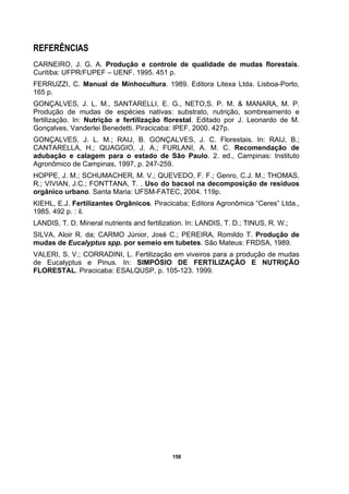 158
REFERÊNCIAS
CARNEIRO, J. G. A. Produção e controle de qualidade de mudas florestais.
Curitiba: UFPR/FUPEF – UENF. 1995. 451 p.
FERRUZZI, C. Manual de Minhocultura. 1989. Editora Litexa Ltda. Lisboa-Porto,
165 p.
GONÇALVES, J. L. M., SANTARELLI, E. G., NETO,S. P. M. & MANARA, M. P.
Produção de mudas de espécies nativas: substrato, nutrição, sombreamento e
fertilização. In: Nutrição e fertilização florestal. Editado por J. Leonardo de M.
Gonçalves, Vanderlei Benedetti. Piracicaba: IPEF, 2000. 427p.
GONÇALVES, J. L. M.; RAIJ, B. GONÇALVES, J. C. Florestais. In: RAIJ, B.;
CANTARELLA, H.; QUAGGIO, J. A.; FURLANI, A. M. C. Recomendação de
adubação e calagem para o estado de São Paulo. 2. ed., Campinas: Instituto
Agronômico de Campinas, 1997, p. 247-259.
HOPPE, J. M.; SCHUMACHER, M. V.; QUEVEDO, F. F.; Genro, C.J. M.; THOMAS,
R.; VIVIAN, J.C.; FONTTANA, T. . Uso do bacsol na decomposição de resíduos
orgânico urbano. Santa Maria: UFSM-FATEC, 2004. 119p.
KIEHL, E.J. Fertilizantes Orgânicos. Piracicaba; Editora Agronômica “Ceres” Ltda.,
1985. 492 p. : il.
LANDIS, T. D. Mineral nutrients and fertilization. In: LANDIS, T. D.; TINUS, R. W.;
SILVA, Aloir R. da; CARMO Júnior, José C.; PEREIRA, Romildo T. Produção de
mudas de Eucalyptus spp. por semeio em tubetes. São Mateus: FRDSA, 1989.
VALERI, S. V.; CORRADINI, L. Fertilização em viveiros para a produção de mudas
de Eucalyptus e Pinus. In: SIMPÓSIO DE FERTILIZAÇÃO E NUTRIÇÃO
FLORESTAL. Piracicaba: ESALQUSP, p. 105-123. 1999.
 