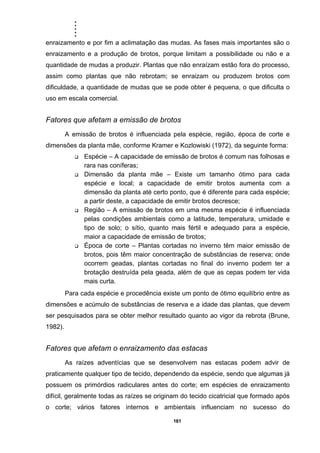 .....
161
enraizamento e por fim a aclimatação das mudas. As fases mais importantes são o
enraizamento e a produção de brotos, porque limitam a possibilidade ou não e a
quantidade de mudas a produzir. Plantas que não enraízam estão fora do processo,
assim como plantas que não rebrotam; se enraizam ou produzem brotos com
dificuldade, a quantidade de mudas que se pode obter é pequena, o que dificulta o
uso em escala comercial.
Fatores que afetam a emissão de brotos
A emissão de brotos é influenciada pela espécie, região, época de corte e
dimensões da planta mãe, conforme Kramer e Kozlowiski (1972), da seguinte forma:
Espécie – A capacidade de emissão de brotos é comum nas folhosas e
rara nas coníferas;
Dimensão da planta mãe – Existe um tamanho ótimo para cada
espécie e local; a capacidade de emitir brotos aumenta com a
dimensão da planta até certo ponto, que é diferente para cada espécie;
a partir deste, a capacidade de emitir brotos decresce;
Região – A emissão de brotos em uma mesma espécie é influenciada
pelas condições ambientais como a latitude, temperatura, umidade e
tipo de solo; o sítio, quanto mais fértil e adequado para a espécie,
maior a capacidade de emissão de brotos;
Época de corte – Plantas cortadas no inverno têm maior emissão de
brotos, pois têm maior concentração de substâncias de reserva; onde
ocorrem geadas, plantas cortadas no final do inverno podem ter a
brotação destruída pela geada, além de que as cepas podem ter vida
mais curta.
Para cada espécie e procedência existe um ponto de ótimo equilíbrio entre as
dimensões e acúmulo de substâncias de reserva e a idade das plantas, que devem
ser pesquisados para se obter melhor resultado quanto ao vigor da rebrota (Brune,
1982).
Fatores que afetam o enraizamento das estacas
As raízes adventícias que se desenvolvem nas estacas podem advir de
praticamente qualquer tipo de tecido, dependendo da espécie, sendo que algumas já
possuem os primórdios radiculares antes do corte; em espécies de enraizamento
difícil, geralmente todas as raízes se originam do tecido cicatricial que formado após
o corte; vários fatores internos e ambientais influenciam no sucesso do
 