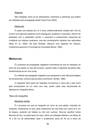 168
Rebentos
São brotações como as do abacaxizeiro, bananeira e palmeiras que podem
ser utilizadas para propagação direta (Toda Fruta, 2003);
Estaca-raiz
É usada com plantas de 2 a 3 anos, preferencialmente cortada até o fim do
inverno com algumas espécies como pessegueiro, goiabeira e caquizeiro; devem ser
plantadas com a polaridade correta; o caquizeiro é praticamente impossível de
multiplicar por estacas caulinares, mas tem enraizamento razoável nas radiculares
(Biasi et. al., 2002). Na área florestal, utiliza-se com espécies de Populus,
Cryptomeria japonica e Cunningamia Lanceolata (Brune, 1982).
MERGULHIA
É o processo de propagação vegetativa monoclonal em que se mergulha um
ramo de uma planta no solo até enraizar, quando então é separado da planta mãe,
transformando-se em uma muda.
É o método de propagação vegetativa que apresenta a mais alta porcentagem
de enraizamento, embora seja de baixo rendimento. (Simão, 1998).
A mergulhia tanto pode ser realizada curvando-se o ramo até o solo como
pelo envolvimento de um ramo com solo, sendo neste caso denominada de
alporquia ou mergulhia aérea.
Tipos de mergulhia
Mergulhia simples
É o processo em que se mergulha um ramo de uma planta, chamado de
mergulho, diretamente no solo, após anelamento de uma faixa com cerca de 2 cm
de largura, podendo ser tratado ou não com auxinas. Deve-se escolher ramos
flexíveis do ano, na parte baixa da copa, retirar as brotações laterais e as folhas de
10 a 60 cm da extremidade, fazer o anelamento cerca de 40 cm a baixo da
 
