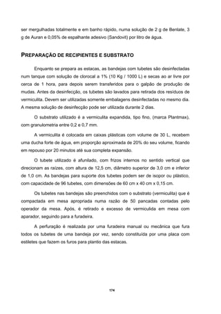 174
ser mergulhadas totalmente e em banho rápido, numa solução de 2 g de Benlate, 3
g de Auran e 0,05% de espalhante adesivo (Sandovit) por litro de água.
PREPARAÇÃO DE RECIPIENTES E SUBSTRATO
Enquanto se prepara as estacas, as bandejas com tubetes são desinfectadas
num tanque com solução de clorocal a 1% (10 Kg / 1000 L) e secas ao ar livre por
cerca de 1 hora, para depois serem transferidos para o galpão de produção de
mudas. Antes da desinfecção, os tubetes são lavados para retirada dos resíduos de
vermiculita. Devem ser utilizadas somente embalagens desinfectadas no mesmo dia.
A mesma solução de desinfecção pode ser utilizada durante 2 dias.
O substrato utilizado é a vermiculita expandida, tipo fino, (marca Plantmax),
com granulometria entre 0,2 e 0,7 mm.
A vermiculita é colocada em caixas plásticas com volume de 30 L, recebem
uma ducha forte de água, em proporção aproximada de 20% do seu volume, ficando
em repouso por 20 minutos até sua completa expansão.
O tubete utilizado é afunilado, com frizos internos no sentido vertical que
direcionam as raízes, com altura de 12,5 cm, diâmetro superior de 3,0 cm e inferior
de 1,0 cm. As bandejas para suporte dos tubetes podem ser de isopor ou plástico,
com capacidade de 96 tubetes, com dimensões de 60 cm x 40 cm x 0,15 cm.
Os tubetes nas bandejas são preenchidos com o substrato (vermiculita) que é
compactada em mesa apropriada numa razão de 50 pancadas contadas pelo
operador da mesa. Após, é retirado e excesso de vermiculida em mesa com
aparador, seguindo para a furadeira.
A perfuração é realizada por uma furadeira manual ou mecânica que fura
todos os tubetes de uma bandeja por vez, sendo constituída por uma placa com
estiletes que fazem os furos para plantio das estacas.
 
