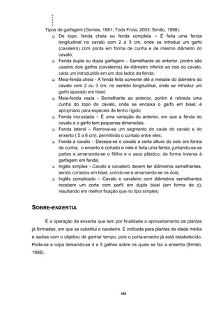.....
183
Tipos de garfagem (Gomes, 1981; Toda Fruta, 2003; Simão, 1998):
De topo, fenda cheia ou fenda completa – É feita uma fenda
longitudinal no cavalo com 2 a 3 cm, onde se introduz um garfo
(cavaleiro) com ponta em forma de cunha e de mesmo diâmetro do
cavalo;
Fenda dupla ou dupla garfagem – Semelhante ao anterior, porém são
usados dois garfos (cavaleiros) de diâmetro inferior ao raio do cavalo,
cada um introduzido em um dos lados da fenda;
Meia-fenda cheia - A fenda feita somente até a metade do diâmetro do
cavalo com 2 ou 3 cm, no sentido longitudinal, onde se introduz um
garfo aparado em bisel;
Meia-fenda vazia - Semelhante ao anterior, porém é retirada uma
cunha do topo do cavalo, onde se encaixa o garfo em bisel; é
apropriado para espécies de lenho rígido;
Fenda incrustada – É uma variação do anterior, em que a fenda do
cavalo e o garfo tem pequenas dimensões.
Fenda lateral – Remove-se um segmento do caule do cavalo e do
enxerto ( 5 a 6 cm), permitindo o contato entre eles;
Fenda a cavalo – Decepa-se o cavalo a certa altura do solo em forma
de cunha; o enxerto é cortado e nele é feita uma fenda, juntando-se as
partes e amarrando-se o fitilho e o saco plástico, de forma inversa à
garfagem em fenda;
Inglês simples - Cavalo e cavaleiro devem ter diâmetros semelhantes,
sendo cortados em bisel, unindo-se e amarrando-se os dois;
Inglês complicado – Cavalo e cavaleiro com diâmetros semelhantes
recebem um corte com perfil em duplo bisel (em forma de z),
resultando em melhor fixação que no tipo simples;
SOBRE-ENXERTIA
É a operação de enxertia que tem por finalidade o aproveitamento de plantas
já formadas, em que se substitui o cavaleiro. É indicada para plantas de idade média
e sadias com o objetivo de ganhar tempo, pois o porta-enxerto já está estabelecido.
Poda-se a copa deixando-se 4 a 5 galhos sobre os quais se faz a enxertia (Simão,
1998).
 