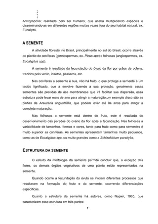 .....
7
Antropocoria: realizada pelo ser humano, que acaba multiplicando espécies e
disseminando-as em diferentes regiões muitas vezes fora do seu habitat natural, ex.
Eucalipto.
A SEMENTE
A atividade florestal no Brasil, principalmente no sul do Brasil, ocorre através
do plantio de coníferas (gimnospermas, ex. Pinus spp) e folhosas (angiospermas, ex.
Eucalyptus spp).
A semente é resultado da fecundação do óvulo da flor por grãos de polens,
trazidos pelo vento, insetos, pássaros, etc.
Nas coníferas a semente é nua, não há fruto, o que protege a semente é um
tecido lignificado, que a envolve fazendo a sua proteção, geralmente essas
sementes são providas de asa membranosa que irá facilitar sua dispersão, essa
estrutura pode levar mais de ano para atingir a maturação,um exemplo disso são as
pinhas de Araucária angustifólia, que podem levar até 04 anos para atingir a
completa maturação.
Nas folhosas a semente está dentro do fruto, este é resultado do
desenvolvimento das paredes do ovário da flor após a fecundação. Nas folhosas a
variabilidade de tamanhos, formas e cores, tanto para fruto como para sementes é
muito superior as coníferas. As sementes apresentam tamanhos muito pequenos,
como as de Eucalyptus spp, ou muito grandes como a Schizolobium parahyba.
ESTRUTURA DA SEMENTE
O estudo da morfologia da semente permite concluir que, a exceção das
flores, os demais órgãos vegetativos de uma planta estão representados na
semente.
Quando ocorre a fecundação do óvulo se iniciam diferentes processos que
resultaram na formação do fruto e da semente, ocorrendo diferenciações
específicas.
Quanto a estrutura da semente há autores, como Napier, 1985, que
caracterizam essa estrutura em três partes:
 