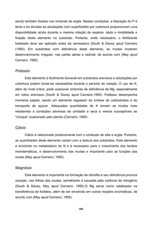 204
sendo também fixados nos minerais de argila. Nestas condições, a liberação do P é
lenta e ha dúvidas se adubações com superfosfato por cobertura proporcionam uma
disponibilidade ainda durante a mesma rotação da espécie, dada a imobilidade e
fixação deste elemento no substrato. Portanto, onde necessário, o fertilizante
fosfatado deve ser aplicado antes da semeadura (South & Davey apud Carneiro
(1995). Em substratos com deficiência deste elemento, as mudas mostram
desenvolvimento irregular, nas partes aérea e radicial, de acordo com (May apud
Carneiro, 1995)
Potássio
Este elemento é facilmente lixiviavel em substratos arenosos e adubações por
cobertura podem tomar-se necessárias durante o período de rotação. O uso de K,
além do nível crítico, pode ocasionar sintomas de deficiência de Mg, especialmente
em solos arenosos (South & Davey apud Carneiro,1995). Potássio desempenha
inúmeros papéis, sendo um elemento regulador da síntese de carboidratos e do
transporte de açúcar. Adequadas quantidades de K tomam as mudas mais
resistentes a condições adversas de umidade e seca e menos susceptíveis ao
"choque" ocasionado pelo plantio (Carneiro, 1995)
Cálcio
Cálcio é relacionado positivamente com o conteúdo de silte e argila. Portanto,
as quantidades deste elemento variam com a textura dos substratos. Este elemento
é envolvido no metabolismo do N e é necessário para o crescimento dos tecidos
meristemáticos, e desenvolvimento das mudas e importante para as funções das
raízes (May apud Carneiro, 1995).
Magnésio
Este elemento é importante na formação de clorofila e seu deficiência provoca
coração, nas folhas das mudas, semelhante á causada pela carência de nitrogênio
(South & Davey, May apud Carneiro, 1995).O Mg serve como catalisador na
transferência de fosfatos, além de ser envolvido em outras reações enzimáticas, de
acordo com (May apud Carneiro, 1995).
 
