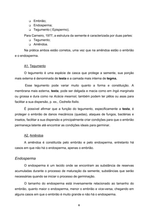 8
Embrião;
Endosperma;
Tegumento ( Epispermo).
Para Carneiro, 1977, a estrutura da semente é caracterizada por duas partes:
Tegumento;
Amêndoa.
Na prática ambos estão corretos, uma vez que na amêndoa estão o embrião
e o endosperma.
A1. Tegumento
O tegumento é uma espécie de casca que protege a semente, sua porção
mais externa é denominada de testa e a camada mais interna de tegma.
Esse tegumento pode variar muito quanto a forma e constituição. A
membrana mais externa, testa, pode ser delgada e macia como em Ingá marginata
ou grossa e dura como na Acácia mearnsii, também podem ter pêlos ou asas para
facilitar a sua dispersão, p. ex., Cedrella fisilis.
É possível afirmar que a função do tegumento, especificamente a testa, é
proteger o embrião de danos mecânicos (quedas), ataques de fungos, bactérias e
insetos, facilitar a sua dispersão e principalmente criar condições para que o embrião
permaneça latente até encontrar as condições ideais para germinar.
A2. Amêndoa
A amêndoa é constituída pelo embrião e pelo endosperma, entretanto há
casos em que não há o endosperma, apenas o embrião.
Endosperma
O endosperma é um tecido onde se encontram as substância de reservas
acumuladas durante o processo de maturação da semente, substâncias que serão
necessárias quando se iniciar o processo de germinação.
O tamanho do endosperma está inversamente relacionado ao tamanho do
embrião, quanto maior o endosperma, menor o embrião e vice-versa, chegando em
alguns casos em que o embrião é muito grande e não há o endosperma.
 