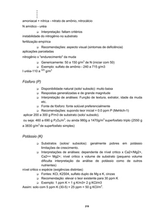 .....
219
amoniacal + nítrica - nitrato de amônio, nitrocálcio
N amídico - uréia
Interpretação: faltam critérios
instabilidade do nitrogênio no substrato
fertilização empírica
Recomendações: aspecto visual (sintomas de deficiência)
aplicações parceladas
nitrogênio x "endurecimento" da muda
Genericamente: 50 a 150 g/m3
de N (iniciar com 50)
Exemplo: sulfato de amônio - 240 a 715 g/m3
I uréia-110 a 325
g/m3
Fósforo (P)
Disponibilidade natural (solo/ subsolo): muito baixa
Respostas generalizadas e de grande magnitude
Interpretação de análises: Função de textura, extrator, idade da muda
etc.
Fonte de fósforo: fonte solúvel preferencialmente
Recomendações: supondo teor inicial = 0.0 ppm P (Mehlich-1)
aplicar 200 a 300 g P/m3 de substrato (solo/ subsolo).
ou seja: 460 a 690 g P2O5/m3
, ou ainda 980g a 1470g/m3
superfosfato triplo (2550 g
a 3830 g/m3
de superfosfato simples)
Potássio (K)
Substratos (solos/ subsolos): geralmente pobres em potássio
limitações de crescimento.
Interpretações de análises: dependente de nível critico x Ca2+/Mg2+,
Ca2++ Mg2+; nível critico x volume de substrato (pequeno volume
dificulta interpretação da análise de potássio como de outros
nutrientes)
nível critico x espécie (exigências distintas)
Fontes: KCl, K2S04, sulfato duplo de Mg e K, cinzas
Recomendação: elevar o teor existente para 30 ppm K
Exemplo: 1 ppm K = 1 g K/m3= 2 g KCl/m3
Assim: solo com 5 ppm K (30-5) = 25 ppm = 50 g KCl/m3
.
 