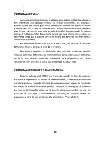 .....
221
FERTILIZAÇÃO FOLIAR
A injeção de fertilizante líquido é utilizada para aplicar fertilizantes foliares, e
tem encontrado uma aplicação limitada em viveiros ornamentais. Os aspergidos
foliares podem ser usados para tratar deficiências menores de alguns nutrientes
minerais, pero não podem ser utilizados como a única fonte de fertilizante, porque a
taxa de absorção é muito mais lenta a través do tecido foliar que através do sistema
radical. A fertilização foliar, logicamente deverá ser mais efetiva com espécies de
folha larga sendo que a cutícula cerosa da maioria das coníferas fará mais lenta a
absorção de nutrientes.
Os fertilizantes foliares são aplicados como soluções diluídas. Ao formular
fertilizantes foliares, a uréia é a fonte de N preferida.
Nos viveiros florestais, a fertilização foliar tem sido usada em primeira
instancia para tratar deficiências de micronutrientes, como a clorosse por deficiência
de ferro, mas também pode ser empregada para proporcionar um rápido
"enverdecimento" antes que a planta seja embarcada (Landis, 1989).
FERTILIZAÇÃO SEGUNDO A IDADE DA MUDA.
Segundo Alfenas et.al. (2004) em virtude da variação no teor de nutrientes
nas folhas e dependendo do estádio de desenvolvimento, a interpretação do estado
nutricional pode ser realizada por meio de comparações com valores de referencia,
em função da idade e do material genético. Em geral, as adubações de cobertura
por meio de fertirrigações iniciam-se na fase de aclimação á sombra, ou seja, em
torno de 20 dias após o estaqueamento. As soluções nutritivas devem ser
preparadas a partir de sais simples de alta solubilidade. (Veja, tabela 2).
 