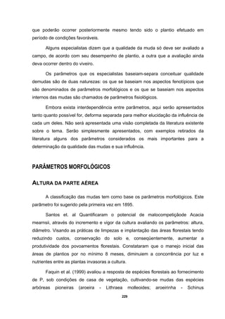 229
que poderão ocorrer posteriormente mesmo tendo sido o plantio efetuado em
período de condições favoráveis.
Alguns especialistas dizem que a qualidade da muda só deve ser avaliado a
campo, de acordo com seu desempenho de plantio, a outra que a avaliação ainda
deva ocorrer dentro do viveiro.
Os parâmetros que os especialistas baseiam-separa conceituar qualidade
demudas são de duas naturezas: os que se baseiam nos aspectos fenotípicos que
são denominados de parâmetros morfológicos e os que se baseiam nos aspectos
internos das mudas são chamados de parâmetros fisiológicos.
Embora exista interdependência entre parâmetros, aqui serão apresentados
tanto quanto possível for, deforma separada para melhor elucidação da influência de
cada um deles. Não será apresentada uma visão completada da literatura existente
sobre o tema. Serão simplesmente apresentados, com exemplos retirados da
literatura alguns dos parâmetros considerados os mais importantes para a
determinação da qualidade das mudas e sua influência.
PARÂMETROS MORFOLÓGICOS
ALTURA DA PARTE AÉREA
A classificação das mudas tem como base os parâmetros morfológicos. Este
parâmetro foi sugerido pela primeira vez em 1895.
Santos et. al Quantificaram o potencial de matocompetiçãode Acacia
mearnsii, através do incremento e vigor da cultura avaliando os parâmetros: altura,
diâmetro. Visando as práticas de limpezas e implantação das áreas florestais tendo
reduzindo custos, conservação do solo e, conseqüentemente, aumentar a
produtividade dos povoamentos florestais. Constataram que o manejo inicial das
áreas de plantios por no mínimo 8 meses, diminuiem a concorrência por luz e
nutrientes entre as plantas invasoras a cultura.
Faquin et al. (1999) avaliou a resposta de espécies florestais ao fornecimento
de P, sob condições de casa de vegetação, cultivando-se mudas das espécies
arbóreas pioneiras (aroeira - Lithraea molleoides; aroeirinha - Schinus
 