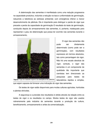 241
A deterioração das sementes é manifestada como uma redução progressiva
na capacidade produtiva, incluindo a redução na taxa e uniformidade de germinação,
reduzindo a tolerância ao estresse ambiental, com emergência inferior e menor
desenvolvimento de plântula. Ela é importante para distinguir a perda de vigor que
precede a perda da capacidade de germinação O resultado do teste de germinação,
conduzido depois do armazenamento das sementes, é, portanto, inadequado para
representar o grau de deterioração que possa ter ocorrido nas sementes durante o
armazenamento.
O vigor das sementes não
pode ser diretamente
determinado (como pode ser a
germinação), com resultados
expressos em termos absolutos,
tais como percentagem de vigor.
Não há uma escala absoluta de
vigor, contudo, o vigor das
sementes é um componente de
qualidade tão importante que
cientistas tem direcionado as
pesquisas para testes de
laboratórios rápidos e simples,
que sejam capazes de fornecer uma indicação do vigor das sementes.
Os testes de vigor estão disponíveis para muitas culturas agrícolas, hortícolas
e plantas silvícolas.
A segurança e a precisão dos resultados é obtida através da relação entre os
testes de vigor e os resultados no campo. Muitos testes de vigor são usados
rotineiramente pela indústria de sementes durante a produção da cultura,
beneficiamento, armazenamento e antes da comercialização.
 