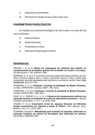 245
c) Capacidade de assimilação;
d) Percentual de redução de peso verde a peso seco.
PARÂMETROS FISIOLÓGICOS
As medições dos parâmetros fisiológicos não são simples e as vezes são até
mais complicados;
a) Potencial Hídrico;
b) Estado Nutricional;
c) Ecofisiologia de raízes;
d) Potencial de Regeneração e Raízes.
REFERÊNCIAS
AGUIAR, I., B. et al. Efeitos da composição do substrato para tubetes no
comportamento de Eucalyptus grandis Hill ex-maiden no viveiro e no campo.
Circular técnica n° 180, setembro 1992.
BARBOSA, A., P. et al. O crescimento de duas espécies florestais pioneiras, pau-de-
balsa (Ochroma lagopus Sw.) e caroba (Jacaranda copaia D. Don), usadas para
recuperação de áreas degradadas pela agricultura na amazônia central, brasil. Acta
Amazonica, 33(3):477-182.
CARNEIRO, J. G. A. Produção e Controle de Qualidade de Mudas Florestais.
Curitiba: UFPR/FUPEF, Campos: UENF, 1995. 451p.
CARNEIRO, J. G. de A. Produção e controle de qualidade de Mudas Florestais.
Curitiba: UFPR/FUPEF, 1995, 451p.
FANTI, S., C.; PEREZ, S., C., J., G., A. Influência do sombreamento artificial e da
adubação química na produção de mudas de Adenanthera pavonina L. Ciência
Florestal, Santa Maria, v. 13, n. 1, p. 49-56. 2003.
FAQUIN, V. et al. Crescimento inicial de espécies florestais de diferentes
grupos sucessionais em resposta a doses de fósforo. Pesq. agropec. bras.,
Brasília, v.34, n.11, p.2071-2081,
FLORIANO, Eduardo P. Metodologia para avaliação de impactos ambientais na
produção brasileira de madeira de Eucalyptus para fabricação de celulose.
Santa Rosa: ANORGS, 2004.
 