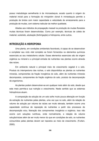 250
possui metodologia semelhante à da microestaquia, exceto quanto à origem do
material inicial para a formação do minijardim clonal A miniestaquia permite a
produção de brotos com maior capacidade e velocidade de enraizamento para a
produção de mudas, com sistema radicular de melhor qualidade.
Aliadas aos métodos de propagação massal na produção de mudas florestais
muitas técnicas foram desenvolvidas. Como por exemplo, técnicas de coleta de
material, substrato, adubação (fertirrigação) e hidroponia, entre outros.
INTRODUÇÃO A HIDROPONIA
Uma planta, em condições ambientais favoráveis, é capaz de se desenvolver
e completar seu ciclo vital completo se forem fornecidos os elementos químicos
essenciais ao seu metabolismo celular. Esses elementos essenciais são de origem
orgânica ou mineral e a principal entrada de nutrientes nas plantas ocorre através
das raízes.
Em ambiente natural o principal meio de crescimento vegetal é o solo.
Produto do intemperismo das rochas, o solo disponibiliza as plantas os nutrientes
minerais, componentes da fração inorgânica do solo, além de nutrientes minerais
decompostos, componentes da fração orgânica do solo, produto da decomposição
de organismos.
As plantas podem desenvolver-se em qualquer meio além do solo, desde que
este meio permita-a sua nutrição e crescimento. Neste sentido que os sistemas
hidropônicos atuam.
A composição da solução de um solo sofre muito pouca alteração em função
da extração de nutrientes pelas plantas, uma vez que no solo, além da relação de
volume de solução por volume de raízes ser muito elevada, também ocorre uma
capacidade contínua de reposição de nutrientes a partir dos processos de
decomposição e/ou, liberação dos componentes inorgânico e orgânico. Isso não
ocorre com soluções nutritivas, onde normalmente, a relação de volume
solução/raízes além de ser muito menor do que em condições de solo, os nutrientes
consumidos pelas plantas devem ser repostos ao meio de crescimento. (Furlani,
2000).
 