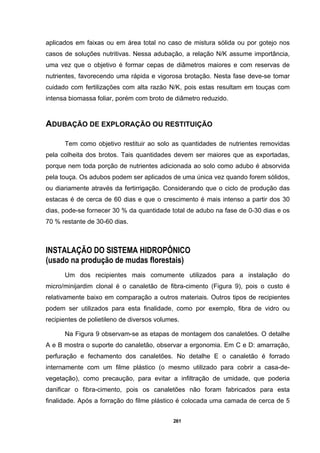 261
aplicados em faixas ou em área total no caso de mistura sólida ou por gotejo nos
casos de soluções nutritivas. Nessa adubação, a relação N/K assume importância,
uma vez que o objetivo é formar cepas de diâmetros maiores e com reservas de
nutrientes, favorecendo uma rápida e vigorosa brotação. Nesta fase deve-se tomar
cuidado com fertilizações com alta razão N/K, pois estas resultam em touças com
intensa biomassa foliar, porém com broto de diâmetro reduzido.
ADUBAÇÃO DE EXPLORAÇÃO OU RESTITUIÇÃO
Tem como objetivo restituir ao solo as quantidades de nutrientes removidas
pela colheita dos brotos. Tais quantidades devem ser maiores que as exportadas,
porque nem toda porção de nutrientes adicionada ao solo como adubo é absorvida
pela touça. Os adubos podem ser aplicados de uma única vez quando forem sólidos,
ou diariamente através da fertirrigação. Considerando que o ciclo de produção das
estacas é de cerca de 60 dias e que o crescimento é mais intenso a partir dos 30
dias, pode-se fornecer 30 % da quantidade total de adubo na fase de 0-30 dias e os
70 % restante de 30-60 dias.
INSTALAÇÃO DO SISTEMA HIDROPÔNICO
(usado na produção de mudas florestais)
Um dos recipientes mais comumente utilizados para a instalação do
micro/minijardim clonal é o canaletão de fibra-cimento (Figura 9), pois o custo é
relativamente baixo em comparação a outros materiais. Outros tipos de recipientes
podem ser utilizados para esta finalidade, como por exemplo, fibra de vidro ou
recipientes de polietileno de diversos volumes.
Na Figura 9 observam-se as etapas de montagem dos canaletões. O detalhe
A e B mostra o suporte do canaletão, observar a ergonomia. Em C e D: amarração,
perfuração e fechamento dos canaletões. No detalhe E o canaletão é forrado
internamente com um filme plástico (o mesmo utilizado para cobrir a casa-de-
vegetação), como precaução, para evitar a infiltração de umidade, que poderia
danificar o fibra-cimento, pois os canaletões não foram fabricados para esta
finalidade. Após a forração do filme plástico é colocada uma camada de cerca de 5
 