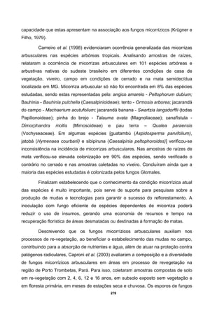 278
capacidade que estas apresentam na associação aos fungos micorrízicos (Krügner e
Filho, 1979).
Carneiro et al. (1998) evidenciaram ocorrência generalizada das micorrizas
arbusculares nas espécies arbóreas tropicais. Analisando amostras de raízes,
relataram a ocorrência de micorrizas arbusculares em 101 espécies arbóreas e
arbustivas nativas do sudeste brasileiro em diferentes condições de casa de
vegetação, viveiro, campo em condições de cerrado e na mata semidecídua
localizada em MG. Micorriza arbuscular só não foi encontrada em 8% das espécies
estudadas, sendo estas representadas pelo: angico amarelo - Peltophorum dubium;
Bauhinia - Bauhinia pulchella (Caesalpinioideae); tento - Ormosia arborea; jacarandá
do campo - Machaerium acutufolium; jacarandá banana - Swartzia langsdorffii (todas
Papilionoideae); pinha do brejo - Talauma ovata (Magnoliaceae); canafístula -
Dimorphandra mollis (Mimosoideae) e pau terra – Qualea paraensis
(Vochyseaceae). Em algumas espécies [guatambú (Aspidosperma parvifolium),
jatobá (Hymenaea courbaril) e sibipiruna (Caesalpinia peltophoroides)] verificou-se
inconsistência na incidência de micorrizas arbusculares. Nas amostras de raízes de
mata verificou-se elevada colonização em 90% das espécies, sendo verificado o
contrário no cerrado e nas amostras coletadas no viveiro. Concluíram ainda que a
maioria das espécies estudadas é colonizada pelos fungos Glomales.
Finalizam estabelecendo que o conhecimento da condição micorrízica atual
das espécies é muito importante, pois serve de suporte para pesquisas sobre a
produção de mudas e tecnologias para garantir o sucesso do reflorestamento. A
inoculação com fungo eficiente de espécies dependentes de micorriza poderá
reduzir o uso de insumos, gerando uma economia de recursos e tempo na
recuperação florística de áreas desmatadas ou destinadas à formação de matas.
Descrevendo que os fungos micorrízicos arbusculares auxiliam nos
processos de re-vegetação, ao beneficiar o estabelecimento das mudas no campo,
contribuindo para a absorção de nutrientes e água, além de atuar na proteção contra
patógenos radiculares, Caproni et al. (2003) avaliaram a composição e a diversidade
de fungos micorrízicos arbusculares em áreas em processo de revegetação na
região de Porto Trombetas, Pará. Para isso, coletaram amostras compostas de solo
em re-vegetação com 2, 4, 6, 12 e 16 anos, em subsolo exposto sem vegetação e
em floresta primária, em meses de estações seca e chuvosa. Os esporos de fungos
 