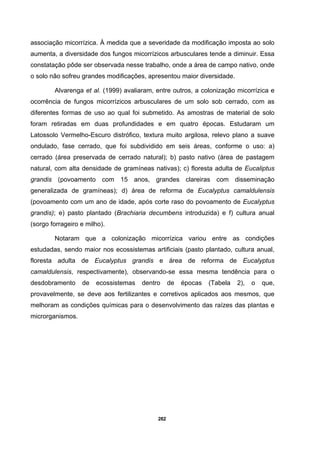 282
associação micorrízica. À medida que a severidade da modificação imposta ao solo
aumenta, a diversidade dos fungos micorrízicos arbusculares tende a diminuir. Essa
constatação pôde ser observada nesse trabalho, onde a área de campo nativo, onde
o solo não sofreu grandes modificações, apresentou maior diversidade.
Alvarenga et al. (1999) avaliaram, entre outros, a colonização micorrízica e
ocorrência de fungos micorrízicos arbusculares de um solo sob cerrado, com as
diferentes formas de uso ao qual foi submetido. As amostras de material de solo
foram retiradas em duas profundidades e em quatro épocas. Estudaram um
Latossolo Vermelho-Escuro distrófico, textura muito argilosa, relevo plano a suave
ondulado, fase cerrado, que foi subdividido em seis áreas, conforme o uso: a)
cerrado (área preservada de cerrado natural); b) pasto nativo (área de pastagem
natural, com alta densidade de gramíneas nativas); c) floresta adulta de Eucaliptus
grandis (povoamento com 15 anos, grandes clareiras com disseminação
generalizada de gramíneas); d) área de reforma de Eucalyptus camaldulensis
(povoamento com um ano de idade, após corte raso do povoamento de Eucalyptus
grandis); e) pasto plantado (Brachiaria decumbens introduzida) e f) cultura anual
(sorgo forrageiro e milho).
Notaram que a colonização micorrízica variou entre as condições
estudadas, sendo maior nos ecossistemas artificiais (pasto plantado, cultura anual,
floresta adulta de Eucalyptus grandis e área de reforma de Eucalyptus
camaldulensis, respectivamente), observando-se essa mesma tendência para o
desdobramento de ecossistemas dentro de épocas (Tabela 2), o que,
provavelmente, se deve aos fertilizantes e corretivos aplicados aos mesmos, que
melhoram as condições químicas para o desenvolvimento das raízes das plantas e
microrganismos.
 
