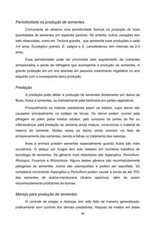 16
Periodicidade na produção de sementes
Comumente se observa uma periodicidade bianual na produção de boas
quantidades de sementes em espécies perenes. No entanto, outras variações tem
sido observadas, como em Tectona grandis, que apresenta boas produções a cada
3-4 anos; Eucalyptus grandis, E. saligna e E. camaldulensis tem intervalo de 2-3
anos.
Essa periodicidade pode ser provocada pelo esgotamento de nutrientes
armazenados e perda de folhagens qua acompanha a produção de sementes. A
grande produção em um ano acarreta em pequeno crescimento vegetativo no ano
seguinte com a conseqüente baixa produção.
Predação
A predação pode afetar a produção de sementes diretamente por danos às
flores, frutos e sementes, ou indiretamente pela herbivoria em partes vegetativas.
Provavelmente os maiores predadores sejam os insetos, cujos danos são
causados principalmente no estágio de larvas. Os danos podem ocorrer pela
pilhagem de pólen pelos insetos adultos; pelo consumo de partes da flor ou
inflorescência; pela predação da semente ainda imatura, consumindo o material de
reserva da semente. Muitas vezes os danos ainda ocorrem na fase de
armazenamento das sementes, devido a falhas no tratamento das mesmas.
Aves e animais predam sementes especialmente quando frutos são mais
suculentos. O ataque por fungos tem sido relatado em inúmeros trabalhos de
tecnologia de sementes. Os gêneros mais detectados são Aspergillus, Penicillium,
Rhizopus, Fusarium e Rhizoctonia. Alguns destes gêneros são reconhecidamente
patógenos de sementes, outros são cosmopolitas e podem ser saprófitas. Os
complexos envolvendo Aspergillus e Penicillium podem causar a perda de até 75%
das sementes de acácia-manduirana (Acácia speciosa), além de serem
reconhecidamente produtores de toxinas.
Manejo para produção de sementes
O controle de pragas e doenças tem sido feito de maneira generalizada,
praticamente sem controle dos demais predadores. Ataques de insetos em áreas
 