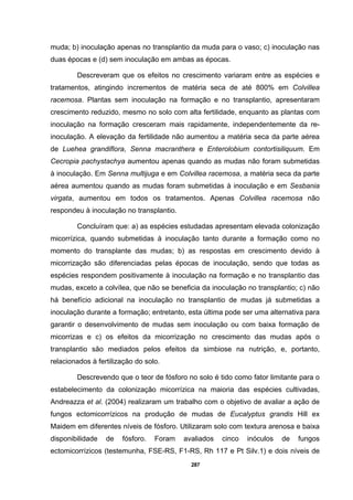 287
muda; b) inoculação apenas no transplantio da muda para o vaso; c) inoculação nas
duas épocas e (d) sem inoculação em ambas as épocas.
Descreveram que os efeitos no crescimento variaram entre as espécies e
tratamentos, atingindo incrementos de matéria seca de até 800% em Colvillea
racemosa. Plantas sem inoculação na formação e no transplantio, apresentaram
crescimento reduzido, mesmo no solo com alta fertilidade, enquanto as plantas com
inoculação na formação cresceram mais rapidamente, independentemente da re-
inoculação. A elevação da fertilidade não aumentou a matéria seca da parte aérea
de Luehea grandiflora, Senna macranthera e Enterolobium contortisiliquum. Em
Cecropia pachystachya aumentou apenas quando as mudas não foram submetidas
à inoculação. Em Senna multijuga e em Colvillea racemosa, a matéria seca da parte
aérea aumentou quando as mudas foram submetidas à inoculação e em Sesbania
virgata, aumentou em todos os tratamentos. Apenas Colvillea racemosa não
respondeu à inoculação no transplantio.
Concluíram que: a) as espécies estudadas apresentam elevada colonização
micorrízica, quando submetidas à inoculação tanto durante a formação como no
momento do transplante das mudas; b) as respostas em crescimento devido à
micorrização são diferenciadas pelas épocas de inoculação, sendo que todas as
espécies respondem positivamente à inoculação na formação e no transplantio das
mudas, exceto a colvílea, que não se beneficia da inoculação no transplantio; c) não
há benefício adicional na inoculação no transplantio de mudas já submetidas a
inoculação durante a formação; entretanto, esta última pode ser uma alternativa para
garantir o desenvolvimento de mudas sem inoculação ou com baixa formação de
micorrizas e c) os efeitos da micorrização no crescimento das mudas após o
transplantio são mediados pelos efeitos da simbiose na nutrição, e, portanto,
relacionados à fertilização do solo.
Descrevendo que o teor de fósforo no solo é tido como fator limitante para o
estabelecimento da colonização micorrízica na maioria das espécies cultivadas,
Andreazza et al. (2004) realizaram um trabalho com o objetivo de avaliar a ação de
fungos ectomicorrízicos na produção de mudas de Eucalyptus grandis Hill ex
Maidem em diferentes níveis de fósforo. Utilizaram solo com textura arenosa e baixa
disponibilidade de fósforo. Foram avaliados cinco inóculos de fungos
ectomicorrízicos (testemunha, FSE-RS, F1-RS, Rh 117 e Pt Silv.1) e dois níveis de
 