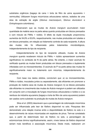290
substratos orgânicos (bagaço de cana + torta de filtro de usina açucareira +
vermiculita). Utilizaram fungos micorrízicos arbusculares nativos, isolados de uma
área de extração de argila (Glomus macrocarpum, Glomus etunicatum e
Entrophospora colombiana).
Observaram que as mudas de Acácia mangium acumularam maior
quantidade de matéria seca na parte aérea quando produzidas em blocos prensados
e com inóculo de FMAs + rizóbio. O efeito da dupla inoculação proporcionou
aumentos de 54,8% e 63,6%, respectivamente, nas mudas produzidas em tubetes e
em blocos prensados, em relação ao tratamento controle de cada recipiente. A altura
das mudas não foi influenciada pelos tratamentos microbiológicos,
independentemente do tipo de recipiente.
Independentemente do tipo de recipiente utilizado, mudas de Acácia
mangium quando receberam inóculo de FMAs + rizóbio apresentaram aumentos
significativos no conteúdo de N da parte aérea. No entanto, o maior acúmulo foi
verificado quando as mudas foram produzidas em blocos prensados e duplamente
infectadas com os microssimbiontes. O acúmulo de P na parte aérea das mudas foi
significativamente maior no tratamento com micorriza, independentemente do
recipiente.
Com base nos dados obtidos, concluíram que: a) os microssimbiontes,
FMAs e rizóbio, inoculados juntos ou separadamente, são eficientes em promover a
produção de matéria seca de mudas de Acácia mangium; b) os blocos prensados
são eficientes no crescimento das mudas de Acácia mangium e podem ser utilizados
em conjunto com a inoculação de fungos micorrízicos arbusculares e rizóbio e c) os
resíduos da indústria açucareira (bagaço e torta de filtro de usina açucareira) podem
ser usados como substrato na produção de mudas de Acácia mangium.
Silva et al. (2003) descrevem que a percentagem de colonização micorrízica
pode ser influenciada pelo teor de fósforo disponível no solo. Pesquisas têm
demonstrado uma relação inversa entre a disponibilidade de fósforo no solo e o
desenvolvimento de raízes micorrizadas em espécies de pinus. Tem-se constatado
que, a partir de determinado teor de fósforo no solo, a percentagem de
ectomicorrizas diminui significativamente, assim, níveis baixos de fósforo disponível
seriam mais benéficos à associação micorrízica. Deste modo, realizaram um
 