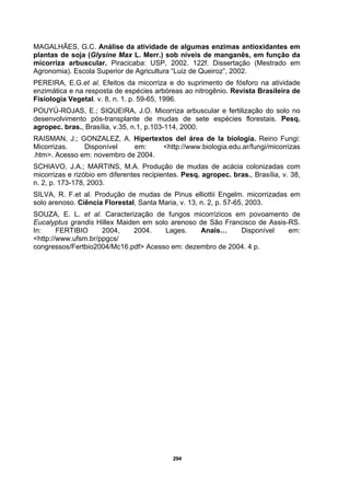 294
MAGALHÃES, G.C. Análise da atividade de algumas enzimas antioxidantes em
plantas de soja (Glysine Max L. Merr.) sob níveis de manganês, em função da
micorriza arbuscular. Piracicaba: USP, 2002. 122f. Dissertação (Mestrado em
Agronomia). Escola Superior de Agricultura “Luiz de Queiroz”, 2002.
PEREIRA, E.G.et al. Efeitos da micorriza e do suprimento de fósforo na atividade
enzimática e na resposta de espécies arbóreas ao nitrogênio. Revista Brasileira de
Fisiologia Vegetal. v. 8, n. 1. p. 59-65, 1996.
POUYÚ-ROJAS, E.; SIQUEIRA, J.O. Micorriza arbuscular e fertilização do solo no
desenvolvimento pós-transplante de mudas de sete espécies florestais. Pesq.
agropec. bras., Brasília, v.35, n.1, p.103-114, 2000.
RAISMAN, J.; GONZALEZ, A. Hipertextos del área de la biología. Reino Fungi:
Micorrizas. Disponível em: <http://www.biologia.edu.ar/fungi/micorrizas
.htm>. Acesso em: novembro de 2004.
SCHIAVO, J.A.; MARTINS, M.A. Produção de mudas de acácia colonizadas com
micorrizas e rizóbio em diferentes recipientes. Pesq. agropec. bras., Brasília, v. 38,
n. 2, p. 173-178, 2003.
SILVA, R. F.et al. Produção de mudas de Pinus elliottii Engelm. micorrizadas em
solo arenoso. Ciência Florestal, Santa Maria, v. 13, n. 2, p. 57-65, 2003.
SOUZA, E. L. et al. Caracterização de fungos micorrízicos em povoamento de
Eucalyptus grandis Hillex Maiden em solo arenoso de São Francisco de Assis-RS.
In: FERTIBIO 2004, 2004. Lages. Anais… Disponível em:
<http://www.ufsm.br/ppgcs/
congressos/Fertbio2004/Mc16.pdf> Acesso em: dezembro de 2004. 4 p.
 
