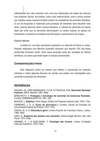 .....
17
reflorestadas tem sido redizidos com uma boa distribuição das áreas de reservas
com espécies nativas. No entanto, como visto anteriormente, aves e outros animais
que habitam essas reservas também podem ser predadores de sementes florestais.
O uso de fungicidas e inseticidas para proteção de sementes será discutido mais
tarde, quando falarmos sobre viveiros florestais. A colheita de sementes em época
ideal que evita que as sementes permaneçam no campo sujeitas ao ataque de
predadores e exposta às condições que favoreçam o aparecimento de fungos.
Outros fatores
A planta em sua fase reprodutiva apresenta um descarte de flores ou frutos.
Estudos realizados com Mimosa scabrella indicaram que apenas 10% das flores
produzidas formaram frutos. Essa baixa produção pode ser resultado de fatores
climáticos, ou outros que ainda fogem à nosssa compreensão.
CONSIDERAÇÕES FINAIS
Este diagrama ilustra os eventos que afetam a reprodução de espécies
arbóreas e indica algumas técnicas de manejo que podem ser empregadas para
aumentar a produção de sementes.
REFERÊNCIAS
AGUIAR, I.B., PIÑA-RODRIGUES, F.C.M. & FIGLIOLIA, M.B. Sementes florestais
tropicais. ABTS. Brasília, 1993. 350p.
BIANCHETTI, A. Produção e tecnologia de sementes de essências florestais.
Curitiba, EMBRAPA/URPFCS, 1981. 22p.
BUCKUP, L. Botânica. Porto Alegre, Editora do Professor Gaúcho Ltda, 1978. 173p.
CARNEIRO, J. G. A. Curso de silvicultura I. Curitiba, Escola de Florestas da
Universidade Federal do Paraná, 1977, 107p.
COSTA, M. A. S. Silvicultura geral. Livraria Popular de Francisco Franco, Lisboa.
1980. 262p.
ESAU, K. Anatomia das plantas com sementes. Editora Edgar Blucher Ltda, São
Paulo, 1974. 293p.
KRAMER, P. J. & KOZLOWSKI, T. Fisiologia das árvores. Lisboa, Fundação
Calouste Gulbenkin. 1972. 745p.
 
