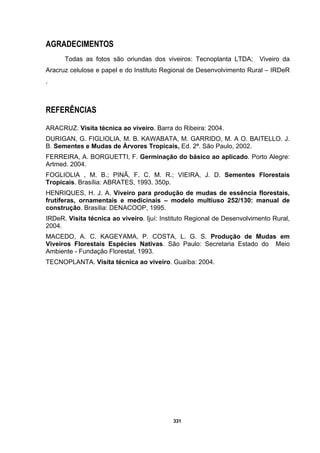 331
AGRADECIMENTOS
Todas as fotos são oriundas dos viveiros: Tecnoplanta LTDA; Viveiro da
Aracruz celulose e papel e do Instituto Regional de Desenvolvimento Rural – IRDeR
.
REFERÊNCIAS
ARACRUZ. Visita técnica ao viveiro. Barra do Ribeira: 2004.
DURIGAN, G. FIGLIOLIA, M. B. KAWABATA, M. GARRIDO, M. A O. BAITELLO. J.
B. Sementes e Mudas de Árvores Tropicais, Ed. 2ª. São Paulo, 2002.
FERREIRA, A. BORGUETTI, F. Germinação do básico ao aplicado. Porto Alegre:
Artmed. 2004.
FOGLIOLIA , M. B.; PINÃ, F. C. M. R.; VIEIRA, J. D. Sementes Florestais
Tropicais. Brasília: ABRATES, 1993. 350p.
HENRIQUES, H. J. A. Viveiro para produção de mudas de essência florestais,
frutíferas, ornamentais e medicinais – modelo multiuso 252/130: manual de
construção. Brasília: DENACOOP, 1995.
IRDeR. Visita técnica ao viveiro. Ijuí: Instituto Regional de Desenvolvimento Rural,
2004.
MACEDO, A. C. KAGEYAMA, P. COSTA, L. G. S. Produção de Mudas em
Viveiros Florestais Espécies Nativas. São Paulo: Secretaria Estado do Meio
Ambiente - Fundação Florestal, 1993.
TECNOPLANTA. Visita técnica ao viveiro. Guaíba: 2004.
 