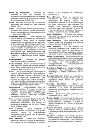 352
Fusão de Protoplastos . Processo que
possibilita a união dos conteúdos de
protoplastos da mesma espécie ou de espécies
diferentes, utilizando-se de meios de cultura e
técnicas especiais. (BC&D, 2003).
Galha . Estrutura produzida por um grupo de
nematóides nas raízes por eles atacadas.
(BC&D, 2003).
Gameta . Célula de origem meiótica especializada para a
fecundação. Célula sexuada e haplóide dos organismos
vivos, encarregada da reprodução mediante a fecundação
e a fusão nuclear. (BC&D, 2003).
Gametofito Feminino . Tecido haplóide de
armazenamento de nutrientes em sementes de
gimnospermas. Muitas vezes é chamado
erroneamente de endosperma das sementes
de gimnospermas. Sin.: Megagametófito. Ing.:
Female gametophyte. Haploid nutrient storage
tissue in seeds of gymnosperms. It is often
mistakenly called the “endosperm” of seeds of
gymnosperms. Syn.: Megagametophyte. Ger.
Nahrgewebe, wieblicher Gametophyt, prim&es
Endosperm. Fr. Gamétophyte femelIe. (Bonner,
1984).
Gametogênese . Formação de gametas
masculinos e femininos na meiose.
Ganho Genético . Avanço no melhoramento de
uma população através da variação herdável,
tendo como conseqüência uma mudança na
freqüência gênica. (BC&D, 2003).
Geada . Gelo que se forma pela solidificação de
vapor de água consdensado sobre plantas ou
objetos terrestres, quando a temperatura cai
abaixo do ponto de congelamento. Este
processo é o mesmo da formação do orvalho,
salvo que este último ocorre apenas quando a
temperatura do objeto orvalhado está acima do
ponto de congelamento. (BC&D, 2003).
Geitonogamia . Autofertilização típica de
espécies monóicas. É o caso da mamona,
mandioca e de outras espécies vegetais. Ver
alogamia; autofertilização; autopolinização;
fertilização cruzada; polinização cruzada;
xenogamia. (BC&D, 2003).
Gene . Unidade da herança. Segmento de ADN,
situado numa posição específica de um
determinado cromossomo, que participa da
manifestação fenotípica de um certo caráter.
(Zobel e Talbert, 1984).
Gene Antisenso . Gene sintetizado na
orientação inversa à do promotor, que, quando
transcrito, produz um polinucleotídeo
complementar ao do gene com a orientação
original. (BC&D, 2003).
Gene Estrutural . Aquele cuja seqüência
determina a estrutura primária de seu produto.
Se o produto é um polipeptídio, a estrutura
primária é sua seqüência de aminoácidos.
(BC&D, 2003).
Gene Marcador . Gene que governa uma
característica que pode ser utilizada para
identificação da progênie oriunda dos
cruzamentos artificiais e de autofecundação.
Os genes marcadores mais utilizados são
aqueles que governam características
facilmente observáveis (exemplo . A cor da flor
e da pubescência, a resistência a doenças, o
hábito de crescimento etc.). (BC&D, 2003).
Gene Modificador . É aquele que afeta a
expressão de outro gene ou de genes não-
alélicos. (BC&D, 2003).
Gene Quimérico . Gene recombinante que
contém seqüências de mais de uma fonte de
material genético. (BC&D, 2003).
Gene Regulador . É o que sintetiza uma
substância repressora, que, sozinha ou com
um co-repressor, previne a transcrição de um
operon específico. Genes reguladores afetam a
expressão de genes estruturais. (BC&D, 2003).
Genes Extranucleares . Genes que residem nas
organelas citoplasmáticas como mitocondrias e
cloroplastos. Possuem sistema próprio de DNA,
ou seja, são auto-reproduzíveis e,
conseqüentemente, citoplasmaticamente
herdáveis. (BC&D, 2003).
Genética de Populações . Estudo quantitativo e
mensurável de populações mediante
metodologia e critérios estatísticos. (BC&D,
2003).
Genética Molecular . Estudo da função gênica
no controle de atividades celulares e da sua
organização física dentro dos genomas.
(BC&D, 2003).
Genética Quantitativa . Estudo da
hereditariedade mediante o emprego de análise
estatística e da teoria de probabilidade
matemática. Ver poligenes; variação contínua.
(BC&D, 2003).
Genitor . Aquele que gera; procriador; pai;
ascendente. (BC&D, 2003).
Genitor Doador . É aquele que doa genes ao
genitor recorrente em um melhoramento por
retrocruzamentos. Geralmente, o número de
genes transferidos do doador é pequeno.
(BC&D, 2003).
Genitor Recorrente . É aquele que é utilizado
repetidas vezes nos retrocruzamentos, visando
à restauração das suas características. (BC&D,
2003).
Genóforos . Unidades que carregam os genes
extranucleares, isto é, ao nível citoplasmático
(cloroplastos e mitocôndrias). Termo designado
para diferenciar dos cromossomos (nucleares).
 