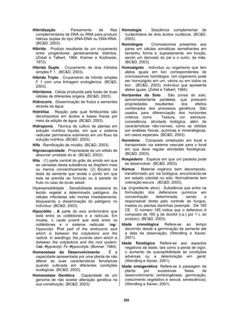 355
Hibridização . Pareamento de fitas
complementares de DNA ou RNA para produzir
hélices duplas do tipo DNA-DNA ou DNA-RNA.
(BC&D, 2003).
Híbrido . Produto resultante de um cruzamento
entre progenitores geneticamente distintos.
(Zobel e Talbert, 1984; Kramer e Kozlowski,
1972).
Híbrido Duplo . Cruzamento de dois híbridos
simples F 1 . (BC&D, 2003).
Híbrido Triplo . Cruzamento de híbrido simples
F 1 com uma linhagem endogâmica. (BC&D,
2003).
Hibridoma . Célula produzida pela fusão de duas
células de diferentes origens. (BC&D, 2003).
Hidrocoria . Disseminação de frutos e sementes
através da água.
Hidrólise . Reação pela qual fertilizantes são
decompostos em ácidos e bases fracas por
meio da adição de água. (BC&D, 2003).
Hidroponia . Técnica de cultivo de plantas em
solução nutritiva líquida, em que o sistema
radicular permanece submerso em um fluxo da
solução nutritiva. (BC&D, 2003).
Hifa . Ramificação de micélio. (BC&D, 2003).
Higroscopicidade . Propriedade de um sólido de
absorver umidade do ar. (BC&D, 2003).
Hilo . (1) parte central do grão de amido em que
as camadas desta substância se dispõem mais
ou menos concentricamente; (2) Cicatriz na
testa da semente que revela o ponto em que
esta se prendia ao funículo ou à parede do
fruto no caso de óvulo séssil.
Hipersensibilidade . Sensibilidade excessiva do
tecido vegetal a determinado patógeno. As
células infectadas são mortas imediatamente,
bloqueando a disseminação do patógeno no
indivíduo. (BC&D, 2003).
Hipocótilo . A parte do eixo embrionário que
está entre os cotilédones e a radícula. Em
mudas, o caule juvenil que está entre os
cotilédones e o sistema radicular. Ing.:
Hypocotyl. That part of the embryonic axis
which is between the cotyledons and the
radicle. In seedlings, the juvenile stem which is
between the cotyledons and the root system.
Ger. Hypokotyl. Fr. Hypocotyle. (Bonner, 1984).
Homeostase do Desenvolvimento . É a
capacidade apresentada por uma planta de não
alterar as suas características fenotípicas
quando cultivada em diferentes condições
ecológicas. (BC&D, 2003).
Homeostase Genética . Capacidade de um
genoma de não aceitar alteração genética na
sua constituição. (BC&D, 2003).
Homologia . Seqüência complementar de
nucleotídeos de dois ácidos nucléicos. (BC&D,
2003).
Homólogos . Cromossomos presentes aos
pares em células somáticas semelhantes em
tamanho, forma e, supostamente, em função,
sendo um derivado do pai e o outro, da mãe.
(BC&D, 2003).
Homozigoto . Indivíduo ou organismo que tem
alelos iguais em loci correspondentes de
cromossomos homólogos. Um organismo pode
ser homozigoto em um, vários ou em todos os
loci . (BC&D, 2003). Indivíduo que apresenta
alelos iguais. (Zobel e Talbert, 1984).
Horizontes do Solo . São zonas do solo,
aproximadamente paralelas, que possuem
propriedades resultantes dos efeitos
combinados dos processos genéticos. São
usados para diferenciação dos horizontes
critérios como . Textura, cor, estrutura,
consistência, atividade biológica, além de
características não-visíveis, como as obtidas
por análises físicas, químicas e mineralógicas,
em casos especiais. (BC&D, 2003).
Hormônio . Composto sintetizado em local e
transportado via sistema vascular para o local
em que deve regular atividades fisiológicas.
(BC&D, 2003).
Hospedeiro . Espécie em que um parasita pode
se desenvolver. (BC&D, 2003).
Húmus . Material orgânico bem decomposto,
transformado por via biológica, encontrando-se
em estado coloidal no solo. Normalmente tem
coloração escura . (BC&D, 2003).
i.a. (ingrediente ativo) . Substância que entra na
formulação dos defensivos químicos em
concentração determinada, sendo a
responsável direta pelo controle de fungos,
insetos ou plantas daninhas (exemplo . Dik 185
CE . O número 185 indica que o defensivo é
composto de 185 g de dicofol (i.a.) por 1 L do
produto). (BC&D, 2003).
Idade cronológica: Refere-se ao tempo
decorrido desde a germinação da semente até
a data da observação; (Wendling e Xavier,
2001).
Idade fisiológica: Refere-se aos aspectos
negativos da idade, tais como a perda de vigor,
o aumento da susceptibilidade às condições
adversas ou a deterioração em geral;
(Wendling e Xavier, 2001).
Idade ontogenética: Refere-se à passagem da
planta por sucessivas fases de
desenvolvimento (embriogênese, germinação,
crescimento vegetativo e sexual, senescência);
(Wendling e Xavier, 2001).
 